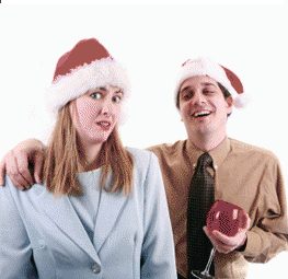 Two coworkers in santa hats: the man is obviously drunk with his arm around the woman, who is very uncomfortable
